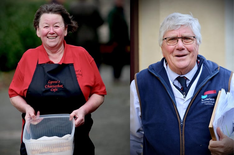 Left is Lynne Williams of Chatterbox Café arriving with fresh supplies of mince pies. Right is Graham Baker, who has been linked to Talgarth Market since 1957