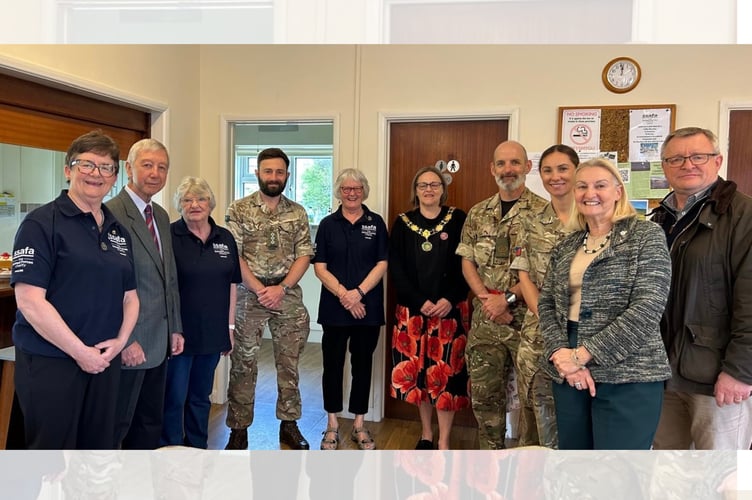 An SSAFA coffee morning. Left to right: Jacqueline Wilding (Branch Chair), Dave Higginson, Norma Hughes, Valmai Davies, Talgarth Mayor Cllr Louise Elston Reeves, Monica Thomas, Cllr William Powell