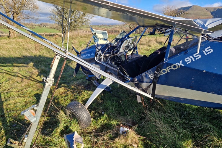 The scene near Talgarth of the downed light aircraft
