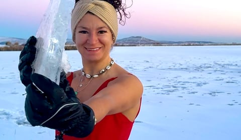 Ice Maiden Zoe chills in hills for a dip in  Llyn Cwm Llwch 
