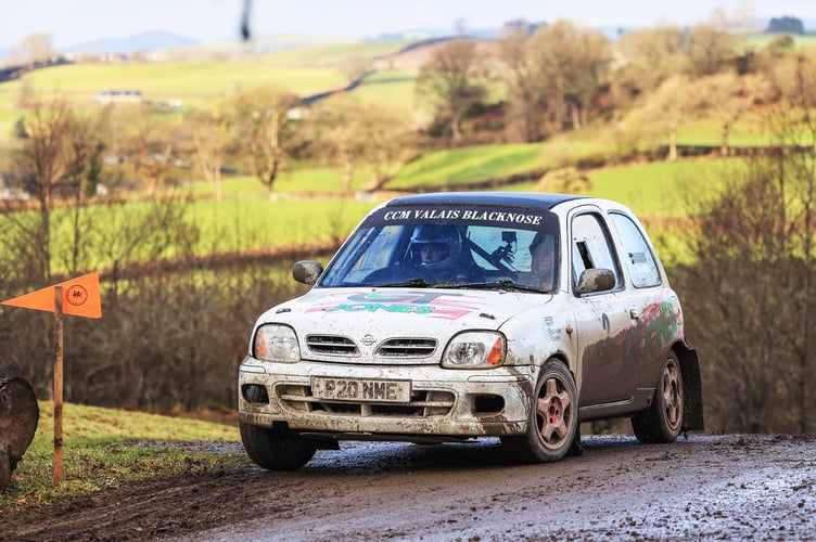 Joe Palmer and co-driver Steve McPhee in their Micra on the slippery Llanelwedd stages