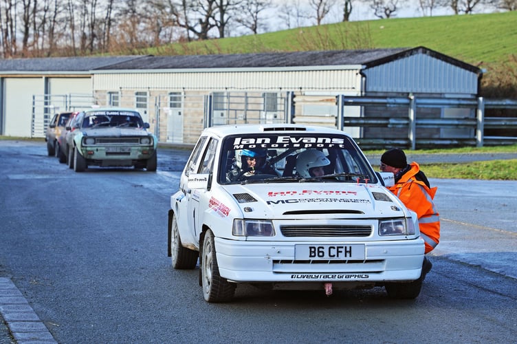 Winners Dan Evans and co-driver Karolina Griffiths ready in their Vauxhall Nova SR