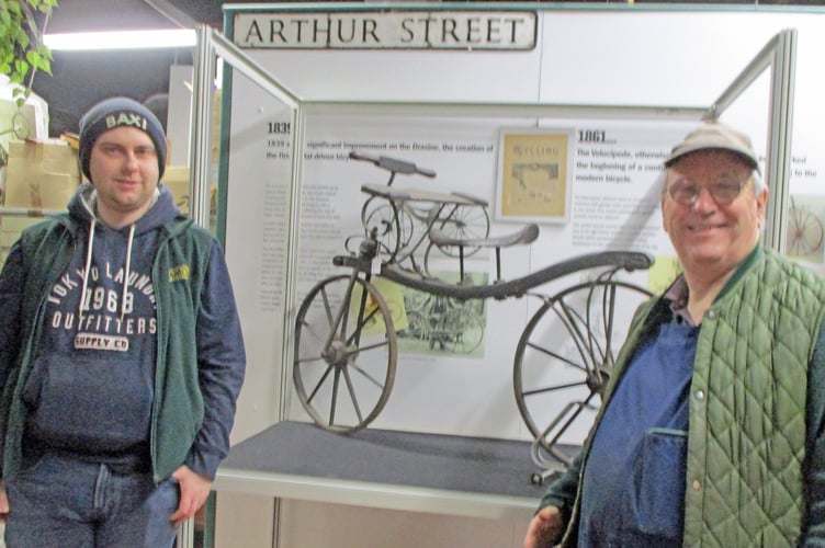 National Cycle Museum volunteers Peter Davies (right) and Jamie Bocock with the 1818 ‘Hobby Horse’                               