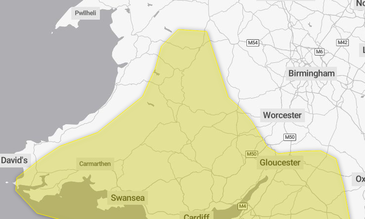 The warning area covers the whole of Brecon and Radnorshire