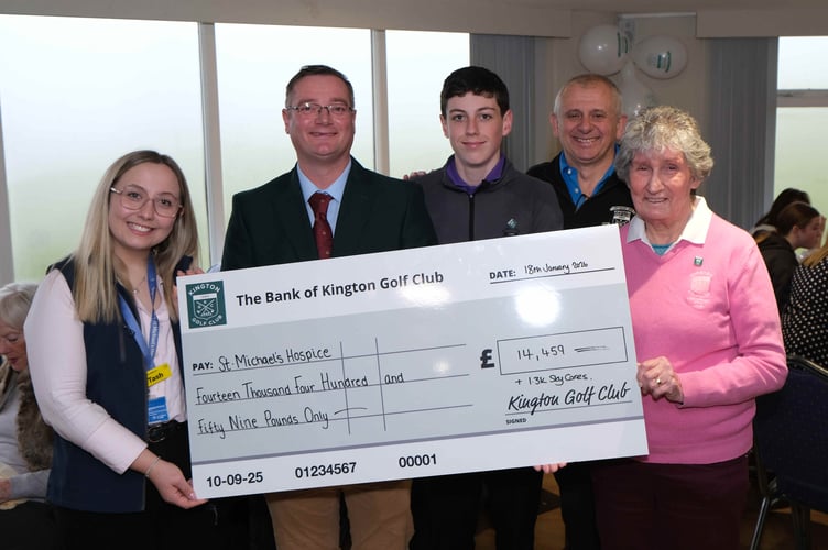 At the presentation: St Michael’s Hospice Events and Community Fundraiser Tash Walshe, Kington Golf Club’s outgoing Men’s Captain Tom Ammonds, Junior Captain Josh Alderton, Senior Captain Chris Amass, and Ladies’ Captain Kay Taylor