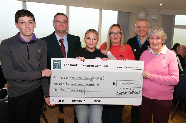 From left, with the Cardiac Risk in the Young (Kieran Joyce Memorial Fund) cheque: Junior Captain Josh Alderton, Men’s Captain Tom Ammonds, Kieran’s sister Ruby Joyce, his mother Andrea Joyce, Senior Captain Chris Amass, and Ladies’ Captain Kay Taylor