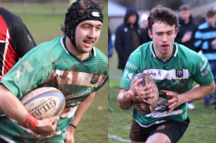 Left: Henry Morgan Gervis scores under the posts. Right: Tudor Roderick powers through for his second try