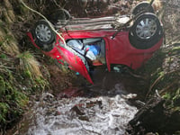 Trapped driver rescued after car overturns into stream near Talgarth