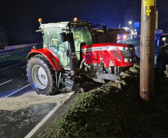 Tractor loses wheel in crash with car on A40 at Crickhowell