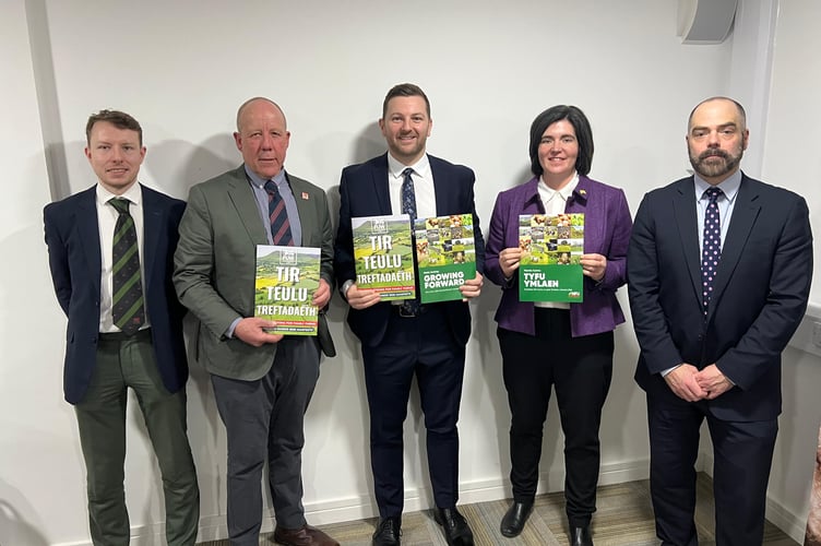 Left to right: Gareth Parry, head of policy at the Farmers’ Union of Wales; Ian Rickman, FUW president; Sam Kurtz MS; Abi Reader, NFU Cymru president; and Huw Thomas, NFU Cymru political adviser