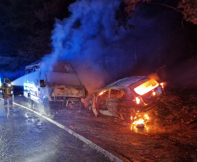 Two vehicles destroyed by fire after A40 crash near Brecon