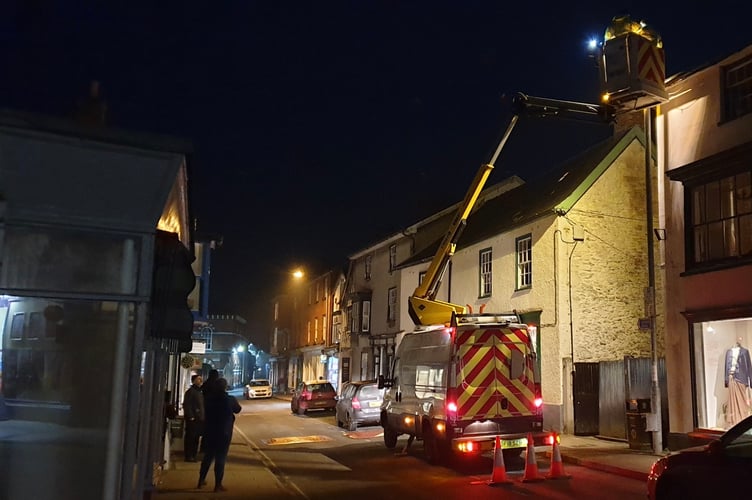 Work being done to change the light bulbs in Presteigne, which is now a dark sky community
