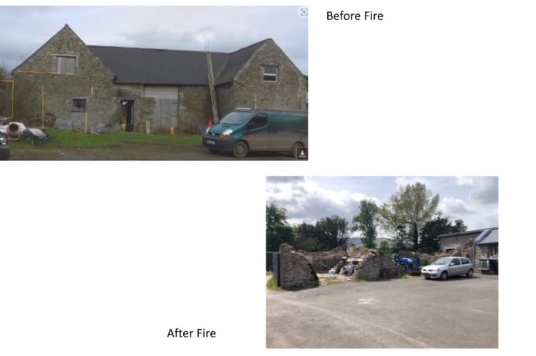 How the barn looked before and after the fire