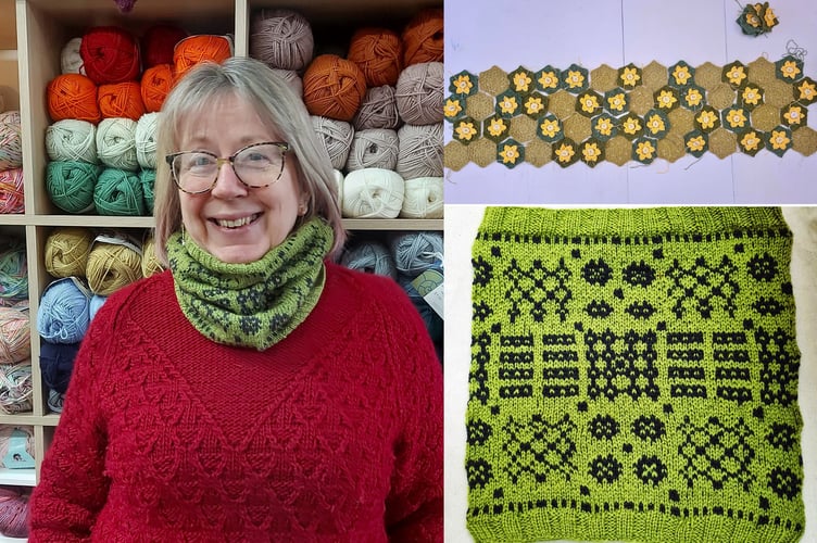 Jenny Watts of Ammonite Yarns modelling the Caernarfon Cowl. Also pictured is the Caernarfon Cowl, and daffodil granny hexagons for the crocheted blanket