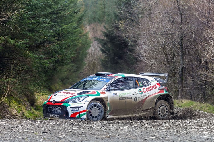 Price and Morgan blast the Toyota GR Yaris Rally2 through the Sarnau stage near Abbeycwmhir