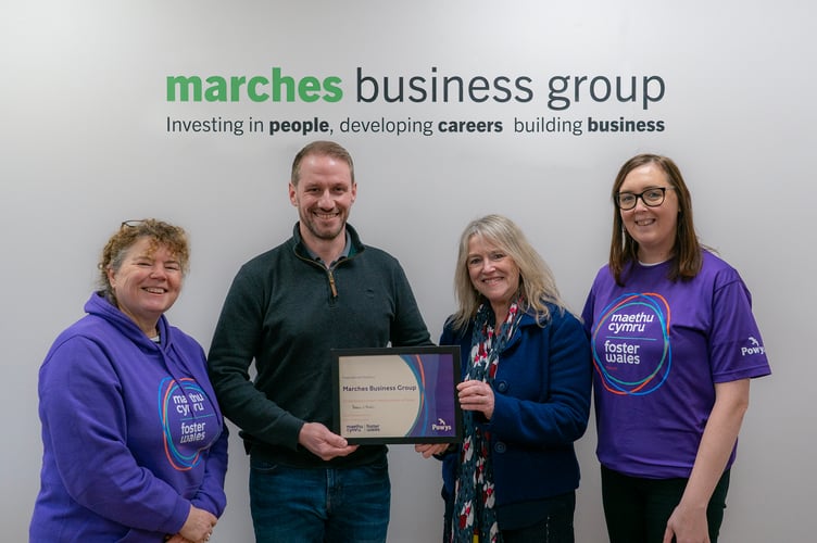 Simon Dadson, Operations Director (second left), is congratulated on the Marches Business Group becoming a Foster Friendly Partner in Powys by Powys County Council’s Head of Children’s Services, Sharon Powell. With them are Caroline Mears (left) and Sarah Price (right), Fostering Recruitment Officers