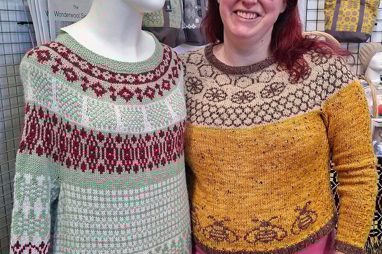 Nikki Small from Ewe Felty Thing with the Wonderwool Wales’ 20th anniversary sweater and tunic which she designed and knitted