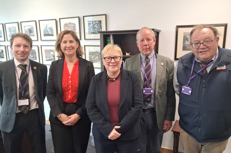 From left, Gareth Parry (FUW Head of Policy), Anna McMorrin MP (Wales Office), Dame Angela Eagle MP (Defra), Ian Rickman (FUW President), Dai Miles (FUW Deputy President).