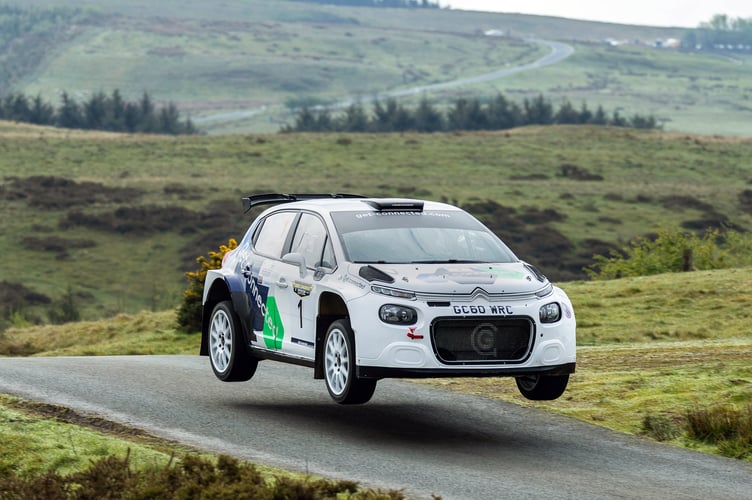 Damian Cole in action in his Citroën C3 Rally2 on his way to a narrow victory at the Dixies Challenge Rally in Sennybridge, co-driven by Ian Allsop