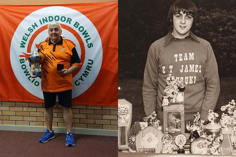 Alan Bates of Howey shows his sporting journey through the years, pictured with his Welsh Senior Singles bowls trophy (left) and, right, in his motocross racing days with his championship trophies