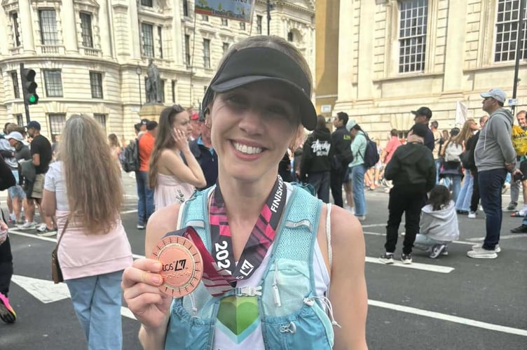 Cheryl Samuel after completing the London Marathon in aid of Powys Health Charity