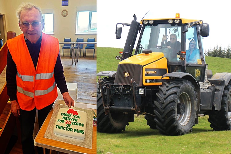 Mervyn Price was presented with a celebratory cake by the Hundred House Village Hall Committee to mark 20 years of organising the tractor run