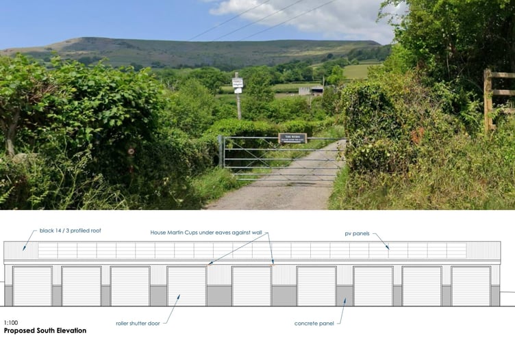 Above: Wern Farm, just outside Crickhowell, where plans for nine business units have been submitted. Below: How the proposed building could look