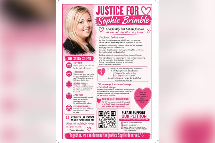 The sister of Sophie Brimble, who died in a car crash driven by her boyfriend, Jay Bayliss, is calling for justice and a law change, after Mr Bayliss avoided prison and received an absolute discharge.