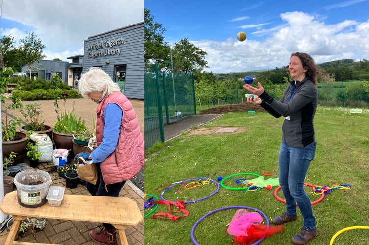 Left: Volunteer librarian Jan Shivel creating small edible gardens for visitors to take home and to enhance the school and library area. Right: Carola Hoskins juggling - something she had perfected in a less tangible form over the past month