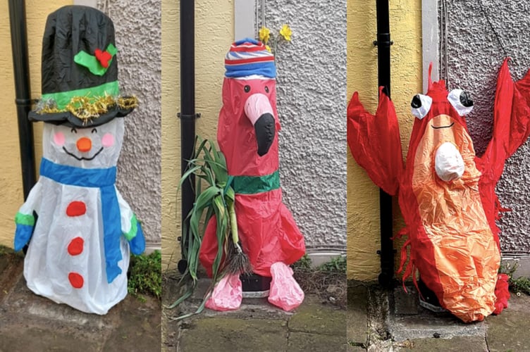 Crickhowell’s newly famous bollard Bertie, pictured in a few of his many guises