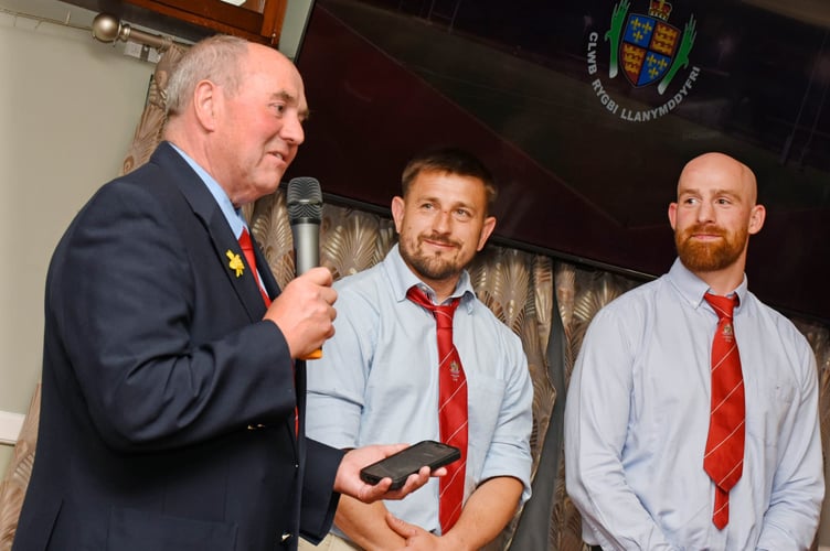 Llandovery president Handel Davies with Lee Rees and Stuart Worrall at the presentation evening