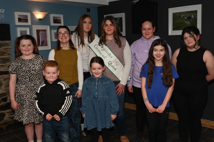 Back row (left to right): Emily Hards, Isabella Hughes, Kelsey Harley, Carnival Queen Ruby Powell and Livvy Reeve. Front row (left to right): Lloyd Evans-Price, Mila Reeve, Elin Jones and Fflur Bennetts