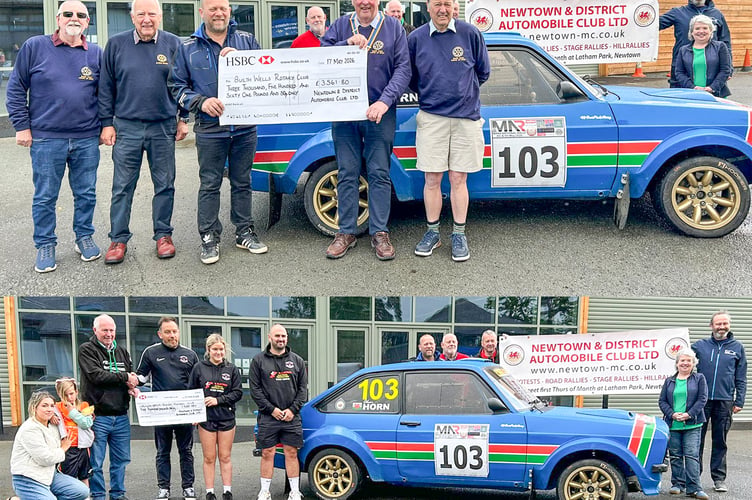 Representatives from Builth Wells Rotary Club and Builth Wells Junior Female Football Club receive cheques from The Newtown & District Automobile Club