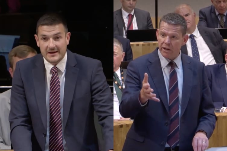James Evans MS (left) questions First Minister Rhun ap Iorwerth in the Senedd over falling livestock numbers, food security and the future of farming jobs in Wales