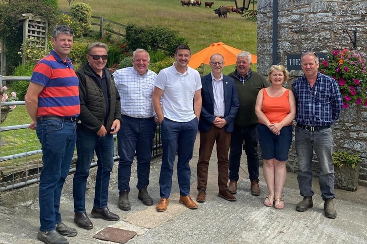 Pictured at the NFU Cymru Welsh Farming Week MS engagement event at Hendre Farm, Felindre, are (left to right): Edward Morgan, David Mills MS, Gwyn Protheroe, James Evans MS, Robin Manning, Gwyn Price, Jayne Harris and Edward Harris