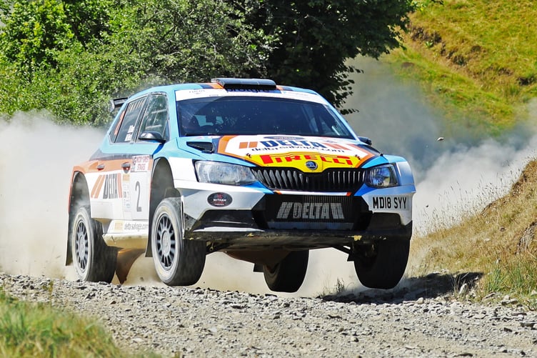 Matthew Hirst and Delcan Dear push the Skoda Fabia R5 through Halfway Forest on their way to third