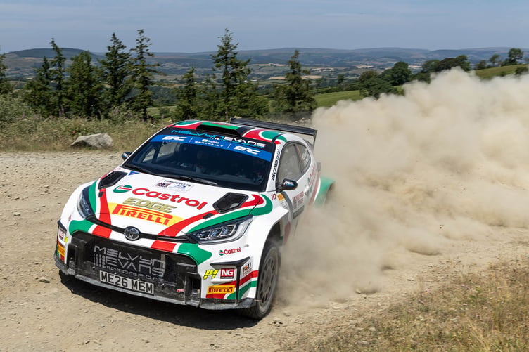 Runners-up Meirion Evans and Dale Furniss kick up dust above Tirabad in their Toyota GR Yaris Rally2