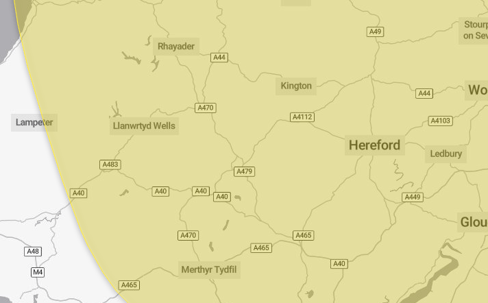 The Met Office yellow thunderstorm warning for Thursday covers the whole of Powys and much of Wales