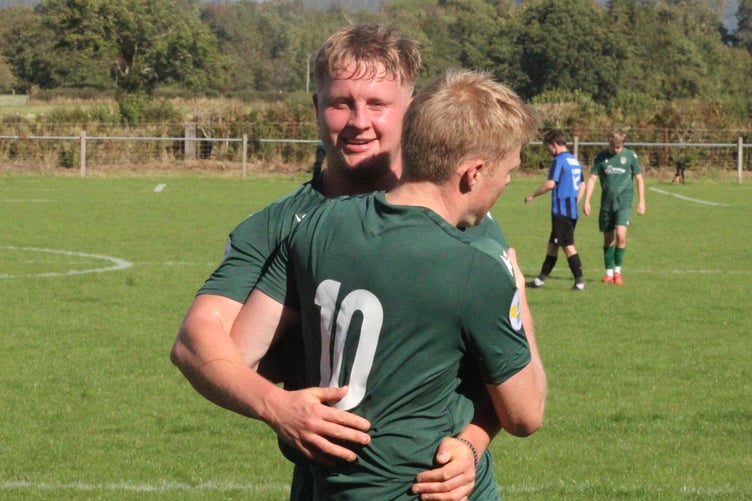 Radnor Valley celebrate after Joey Price’s stoppage-time penalty sealed a dramatic win over Hakin United