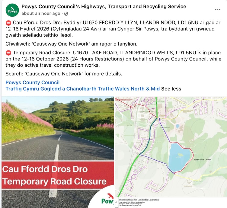 A typical road closure post from Powys County Council’s Highways, Transport and Recycling Facebook page