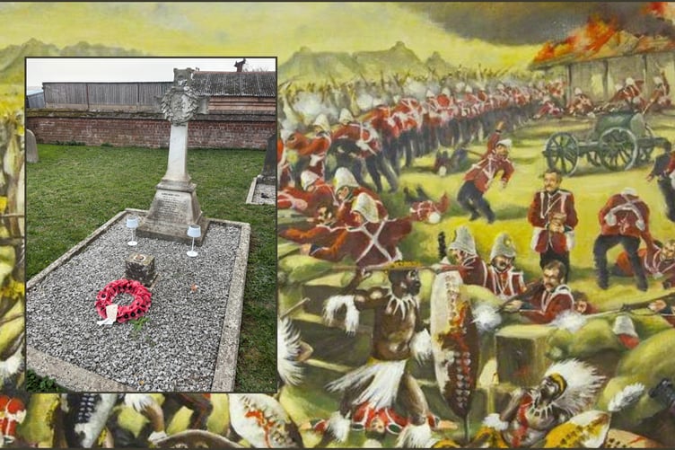 An illustration of the Battle of Rorke’s Drift in 1879 alongside the grave of Victoria Cross hero Alfred Henry Hook at St Andrew’s Church in Churcham.