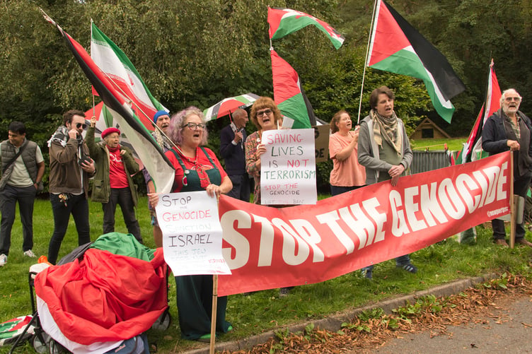 25/09/2026. Llandrindod Wells, UK. Anti-genocide activists gather to protest the participation of Israel's national bowls team in the 2026 European Bowls Championships, being held between 19-26th September at the Llandrindod Wells Bowling Club, Powys. Activists take this action in support of reports that: "The International Court of Justice has found it plausible that Israel's conduct in Gaza breaches the Genocide Convention, the International Criminal Court has issued arrest warrants for Israel's leaders and the UN Independent International Commission of Inquiry has stated that Israel has committed genocide against Palestinians in the Gaza Strip."