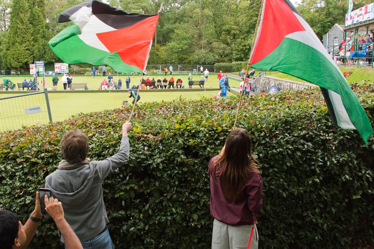 25/09/2026. Llandrindod Wells, UK. Anti-genocide activists gather to protest the participation of Israel's national bowls team in the 2026 European Bowls Championships, being held between 19-26th September at the Llandrindod Wells Bowling Club, Powys. Activists take this action in support of reports that: "The International Court of Justice has found it plausible that Israel's conduct in Gaza breaches the Genocide Convention, the International Criminal Court has issued arrest warrants for Israel's leaders and the UN Independent International Commission of Inquiry has stated that Israel has committed genocide against Palestinians in the Gaza Strip."