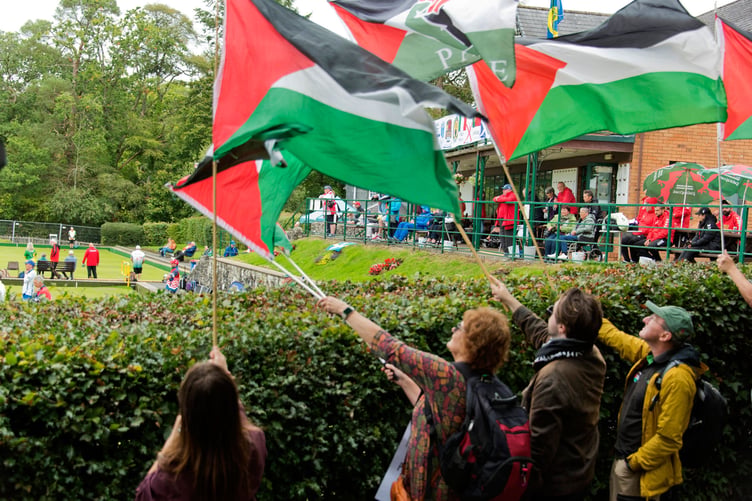 25/09/2026. Llandrindod Wells, UK. Anti-genocide activists gather to protest the participation of Israel's national bowls team in the 2026 European Bowls Championships, being held between 19-26th September at the Llandrindod Wells Bowling Club, Powys. Activists take this action in support of reports that: "The International Court of Justice has found it plausible that Israel's conduct in Gaza breaches the Genocide Convention, the International Criminal Court has issued arrest warrants for Israel's leaders and the UN Independent International Commission of Inquiry has stated that Israel has committed genocide against Palestinians in the Gaza Strip."