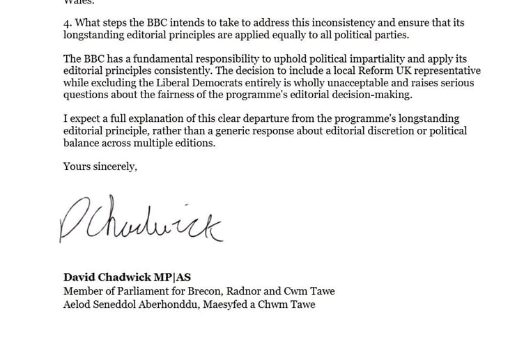 David Chadwick, Liberal Democrat MP for Brecon, Radnor and Cwm Tawe, has written to the BBC with a formal complaint following the panel selection for Question Time, hosted in Brecon on the 15th of October.