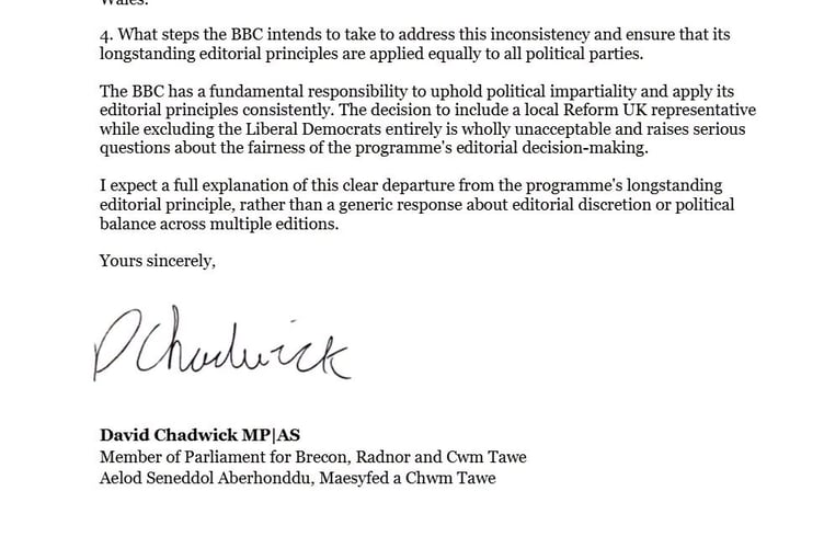 David Chadwick, Liberal Democrat MP for Brecon, Radnor and Cwm Tawe, has written to the BBC with a formal complaint following the panel selection for Question Time, hosted in Brecon on the 15th of October.