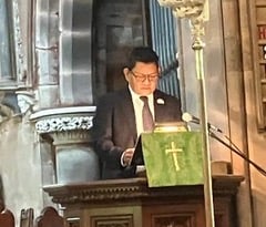 Major Khusiman Gurung MVO addresses the congregation at Llansantffraed Church